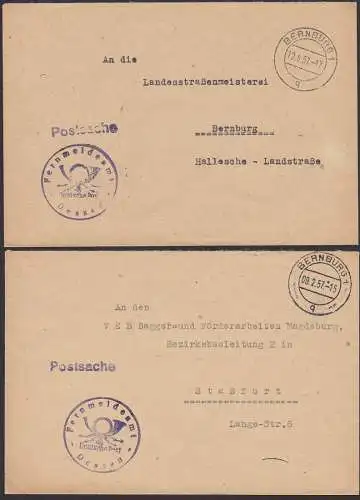 Bernburg Postsache zwei Belege mit  Briefstempel Fernmeldeamt aus Dessau