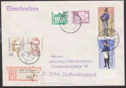 Greifswald R-Bf 16.9.90 mit senkr. Zdr. Postuniformen, portogenau in MiF mit Bund, und DM-Ausgabe