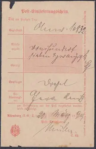 Altenburg Sachsen-Anhalt Post-Einlieferungsschein 20. März 1899