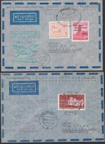 Dresden SoSt. Leipzig Margaretenvolksfest 2 Luftpostbriefe mit Cacher in rot bzw. grün 75 Jahre Luftpost