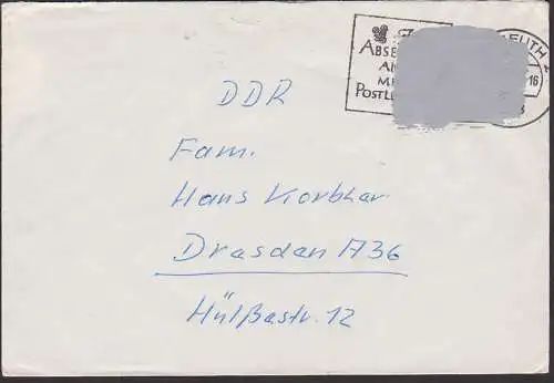 Bayreuth Brief mit grauem Farbüberzug, Vertreibungsmarke, Postkrieg Bund PK 479 nach der DDR Dresden