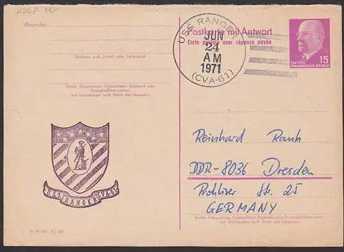 Postkarte P74F 15 Pf. Walter Ubricht, USS Ranger (CVA-61) nach Dresden 24.6.71