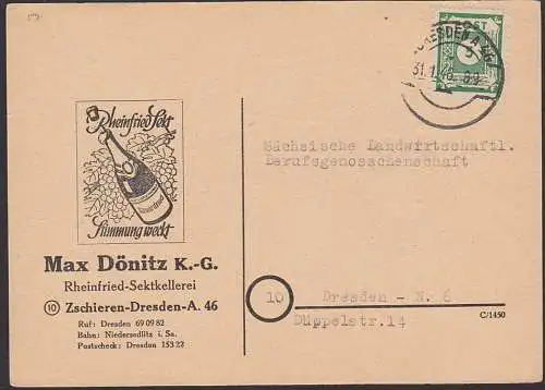 Dresden 5 Pfg. gezähnt Ziffern Ortskarte 31.1..46, portogerecht zum Reichsposttarif, SBZ 57, Sektkellerei