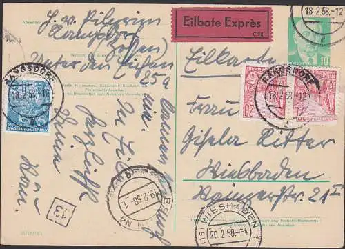 Rangsdorf Eilboten-Karte 10 Pfg. Wilhelm Pieck mit Zusatzfrankatur nach Wiesbaden, rechte Mke vom Paar defekt verklebt