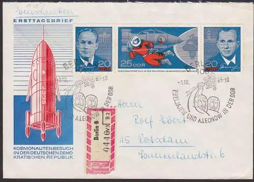 Kosmonautenbesuch in der DDR SoSt. Berlin vom Ersttag, Beljajew, Leonow, Brandenburger Tor, Rakete, rs. 5 Pf. - Porto iO