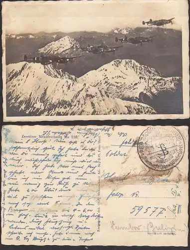 Messerschmitt Me 110, Zerstörer über den Alpen, Feldpostkarte Petersdorf Riesengebirge SoSt. 1.4.44