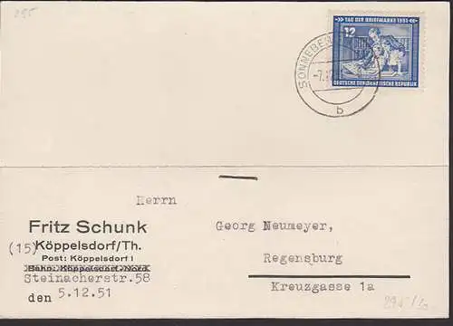 Tag der Briefmarke 1951 12 Pfg. auf Karte DDR 295, OSt. Sonneberg, Abs. Köppelsdorf