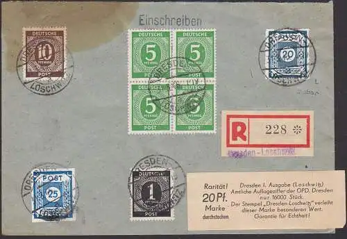 Postmeistertrennung 20 Pfg. Loschwitz R-Ortsbief 31.3.46, alt-geprüft "L", SBZ 48 L