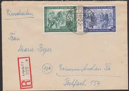 Leipziger Messe 1948 EA 967/68 SoSt. R-Brf. (923), Zollschranke