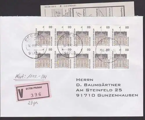 Pfofeld Wertbrief mit 110 Pf Bund  Schloss Bellevue Berlin kpl. MHBl. 14.8.97, mit Einlief-Schein (396)