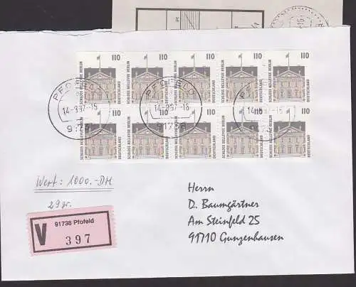 Berlin Schloss Belevue, Markenheftchenblatt, Wert-Brief aus Pfotefeld, mit Einlief.-Schein 14.8.97