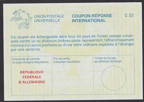 IAS 12, Internationaler Antwortschein, ungebraucht, coupon-response international, republique federale D` allemagne, UPU