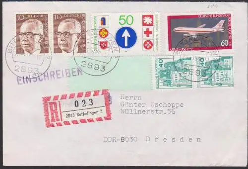 Butjadingen R-Brief  nach der DDR mit Endstreifen der Mi. 915AR, 4.9.80