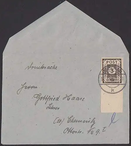 Dresden 3 Pf. Ziffer SBZ 51, 12.2.46 Drucksache nach Chemnitz, unteres Randstück