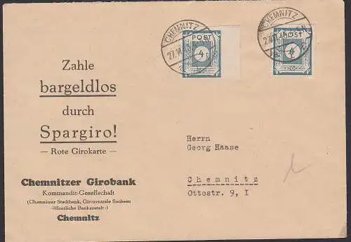 Chemnitz Ortsbrief 27.11.45, 4 Pfg. Ziffer Ostsachsen SBZ 53(2), Girobank, "Zahle bargeldlos durch Spargiro!"