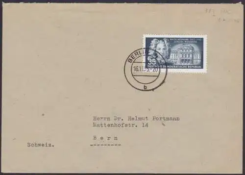 Schloss Würzburg DDR 383 35 Pf. Auslandsbrief 16.11.53 nach Bern, Balthasar Neumann