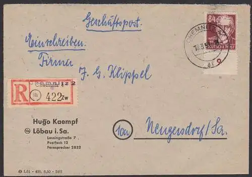 Chemnitz 4 und R-Zettel Chemnitz 2, August Bebel 84 Pfg. SBZ 227 R-Brief 16.3.51