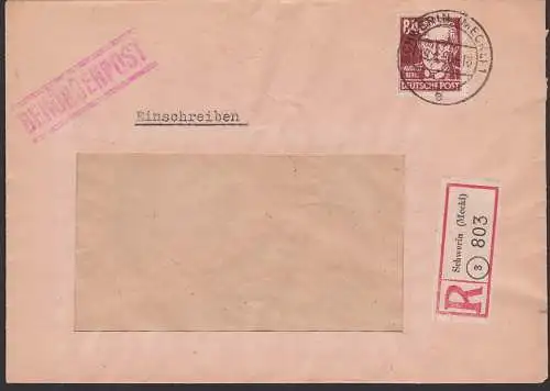 August Bebel 84 Pfg. SBZ 227 R-Brief Schwerin - Behördenpost - 19.10.50 , Abs.: Handelsorganisation HO Land Mecklenburg