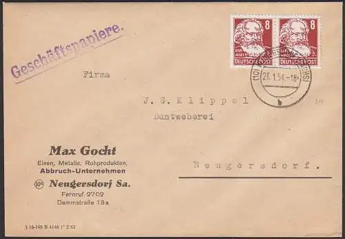 Neugersdorf 8 Pfg. Karl Marx Geschäftspapiere DDR 329(2), Abbruch-Unternehmen 23.1.54