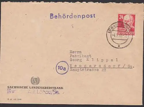 Löbau Sächsische Landeskreditbank, Fernbrief 24 Pfg. Ernst Thälmann Behördenpost