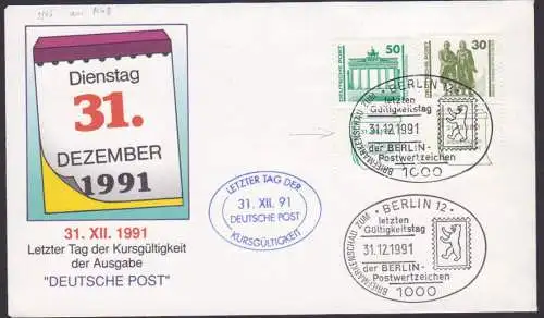 Berlin Brandenburger Tor 50 Pf mit bedrucktem Nebenfeld und SoSt. auf Schmuckkarte DDR 3346, letzter Gültigkeitstag