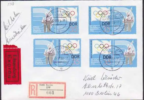 IOC - Session 1985, Olympische Ringe Flamme, R-Eil-Brief mit Zdr. DDR 2949/50 in zwei Varianten