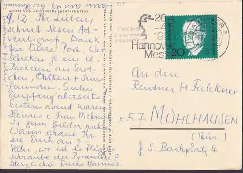 Alcide de Gasperri 20 Pf. aus Adenauer-Block auf Karte nach der DDR, Hannover MWSt. Bund 555