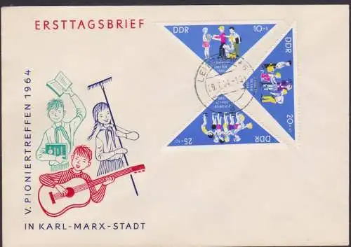 Pioniertreffen Chemnitz, Karl-Marx-Stadt 29.7.64 einzige Dreieickmarken der DDR, Mi. 1045/47, Junge Pioniere, FDC