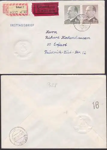 Walter Ulbricht 1 und 2 MDN auf Eil-R-Bf Erfurt vom Ersttag DDR 1087/88, rs. Eingangstempel