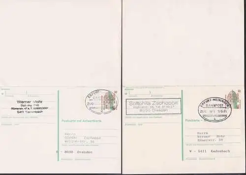 Doppelkarte 30/30 Pf Celle Bahnpost Erfurt - Meiningen bzw. Erffurt - ... (frei) für handschriftl. Eintrag