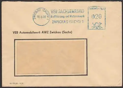 Zwickau Sachsen, AFS 18.8.58 VEB Sachsenring Kraftfahrzeug- und Motorenwerk, Dienstpostbrief