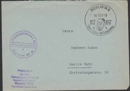 Postsache SoSt. Berlin W8, Clara Zetkin 100. Geburtstag 24.7.57