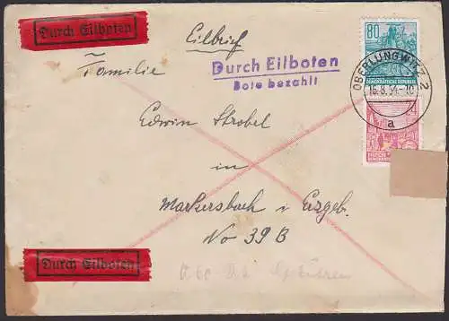 Oberlungwitz Eilbotenbrief 16.8.54 mit 80 Pf. Mähdrescher 5-Jahrplan DDR 421 portogenau