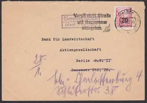 Seeligstadt über Meissen, MWSt. "Vergiß nicht Straße und Hausnummer anzugeben." nach Berlin S.W. Weiterleitung 28.1.55