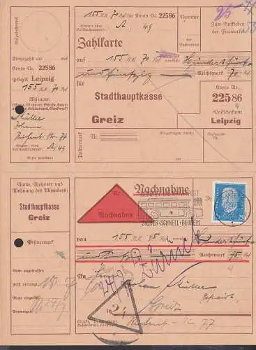 Perfin "St G" 25 Pf. Hindenburg auf Nachnahme-Karte Stadthauptkasse Greiz, MWSt. "Benutzt die Kraftpost" Omnibus