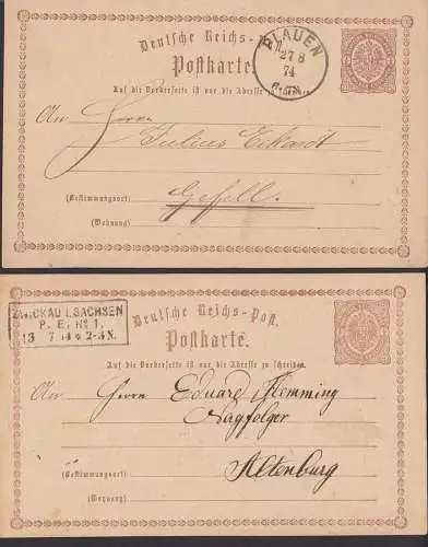 Zwickau Sachsen P. E. Nr. 1 (Postexpetition) und PLAUEN 1/2 Groschen 2 Ganzsachen 1874 nach Altenburg bzw. Gefell