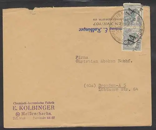 Meißen 5.7.48, Handstempel Bezirk 14 12 Pf. Fernbrief, SoSt. Keramitk, 1000jährige Stadt, Albrechtsburg, geprüft