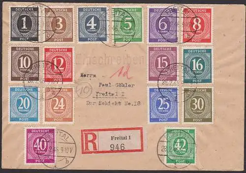 Ziffern-Ausgabe R-Brief mit fast allen Werten, die vor März ausgegeben worden, dabei auch die 42 Pf. Freital 28.2.46