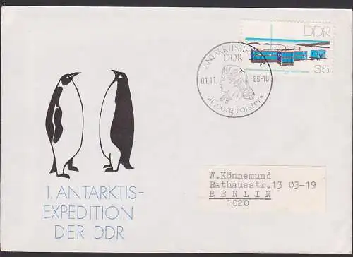 Antarktisstation der DDR Georg Forster SoSt.  1.11.89, Schmuckumschlag mit Pinguin