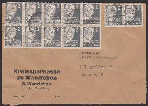Wanzleben 2 Pfg. Käthe Kollwitz SBZ 212(12) portogenau, Kreissparkasse nach Berlin, 10er-Einheit