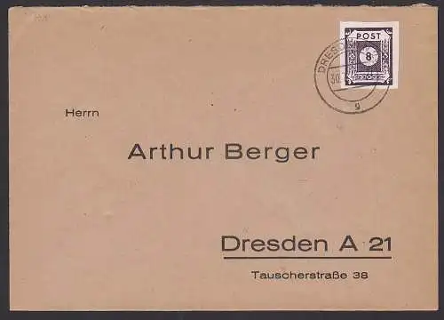 Ost-Sachsen 8 Pf. Ortsbrief Dresden 30.7.45 SBZ 44A, portogenau