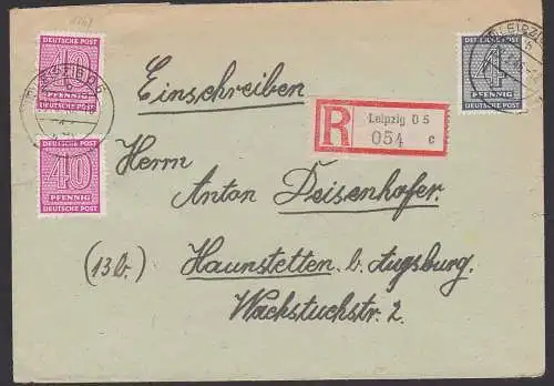 Leipzig R-Brief 12.3.46, portogenau nach Haunstetten bei Augsburg, SBZ 136 Y(2) 40 und 4 Pf.