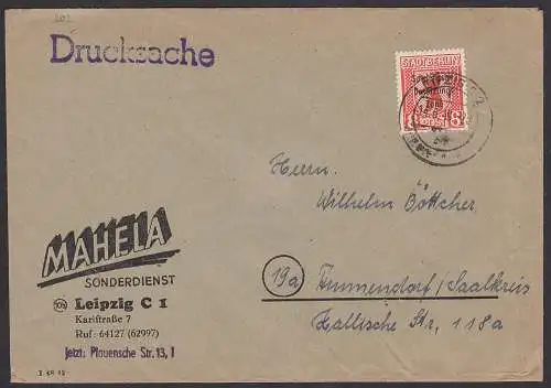 Leipzig 8 Pf. Berliner Bär mit SBZ-Aufdruck 14.6.49, SBZ 202, portogenau, Drucksache MAHELA n. Ammendorf
