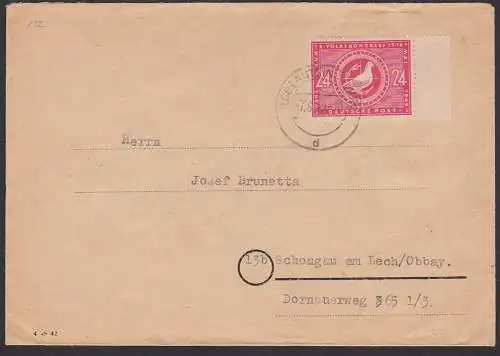 Volkskongress 1949, 24 Pfg. SBZ 232, Friedenstaube mit Ölzweig , Lobenstein Thüringen 7.6.49