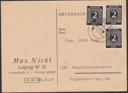 Leipzig Drucksache 24.3.47 portogenau mit 2 Pfg. Ziffer EA 912(3)