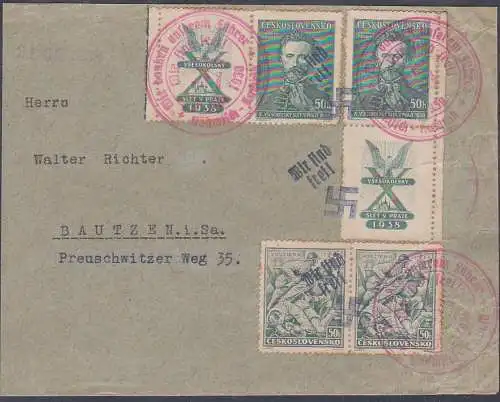 Böhmisch-Kamnitz 21.10-1938, Ceskoslovenko Sondermarken Zdr 132z, roter Gummistempel "Wir sind frei!", Sudeten