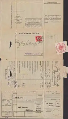 Rentamt Vieselbach Mahnzettel mit anhängender Zahlkarte  18.12.26 nach Großrudestedt, Siegelmarke in rot