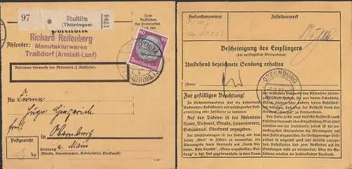 Stadtilm Traßdorf (Arnstadt-Land), Paketkarte 4.5.37 nach Obernburg a. Main, 60 Pf. Hindenburg, DR 526