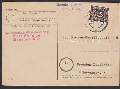 Dresden 10 Pfg. Ziffer auf Ortskarte portogenau 8.6.46, MiNr. 918