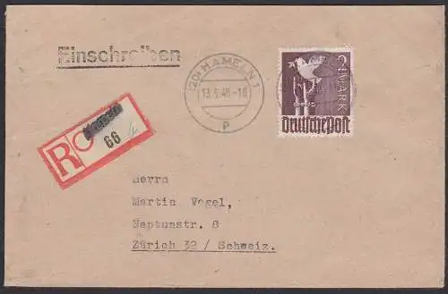 HAMELN R-Bf 2 Mark Taube 13.5.48 nach Zürich, Aushilfs-R-Zettel